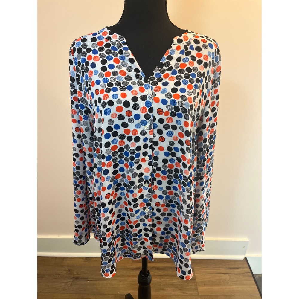 Chaus New York Polka Dot Roll Tab Sleeve Blouse Red Orange Blue Black Large